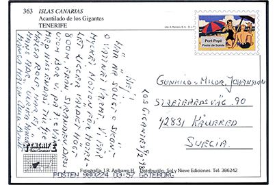 Turistporto på brevkort dateret Los Gigantes, Tenerife d. 9.2.1998 til Sverige.