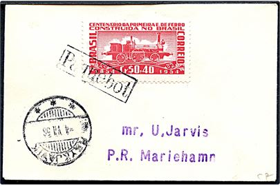 Brasilien $0,40 Damptog på lille filatelistisk skibsbrev annulleret paquebot og sidestemplet Reykjavik d. 4.6.1958 til Mariehamn, Åland, Finland.