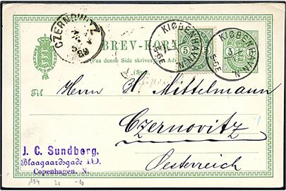 5 øre svardel af dobbelt helsagsbrevkort opfrankeret med 5 øre Våben annulleret lapidar Kiøbenhavn N. d. 1.7.1889 til Czernowitz, Østrig.