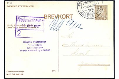 Danske Statsbaner 50 øre Fr. IX helsagsbrevkort (fabr. 379x) med formular A455 fra Frederikshavn d. 17.12.1968.