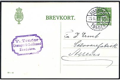 10 øre helsagsbrevkort (fabr. 89-H) fra Bredebro annulleret med bureaustempel Bramminge - Tønder sn2 T.1068 d. 25.10.1928 til Assens.