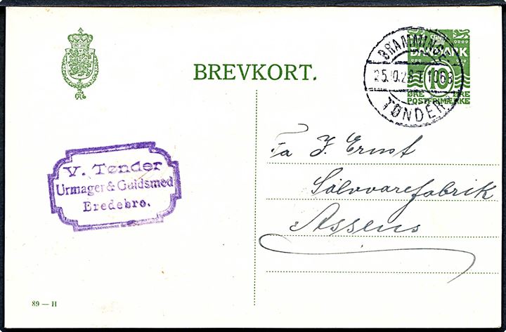 10 øre helsagsbrevkort (fabr. 89-H) fra Bredebro annulleret med bureaustempel Bramminge - Tønder sn2 T.1068 d. 25.10.1928 til Assens.