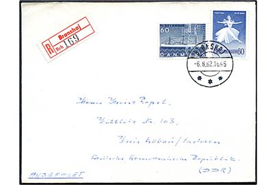 60 øre Balletfestival og 60 øre Selandia på anbefalet brev fra Brønshøj d. 6.8.1962 til Kittlitz, DDR.