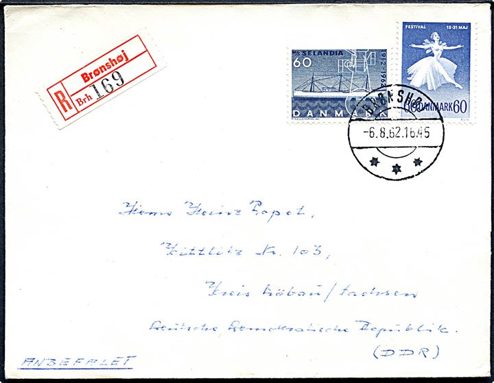 60 øre Balletfestival og 60 øre Selandia på anbefalet brev fra Brønshøj d. 6.8.1962 til Kittlitz, DDR.