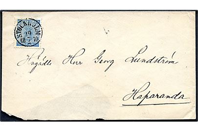 12 öre Våben på brev fra Stockholm d. 19.7.1870 til Haparanda. Revet på bagsiden.