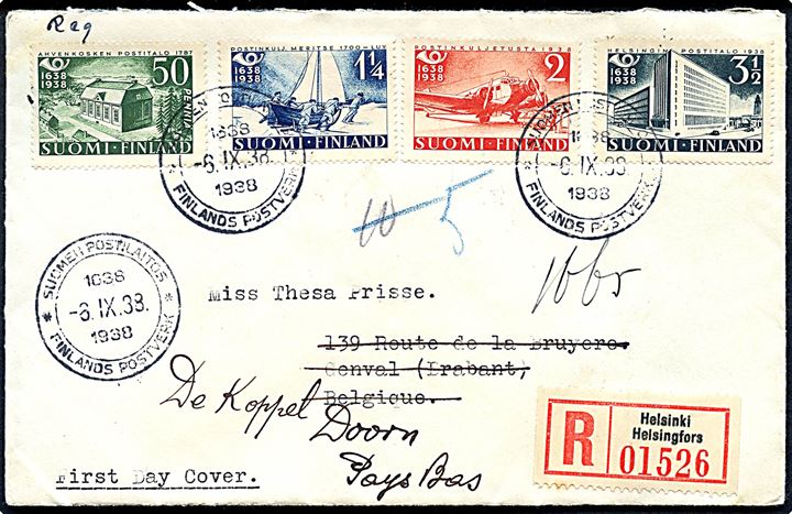 Komplet sæt Postjubilæum på anbefalet FDC fra Helsingfors d. 6.9.1938 til Genval, Belgien - eftersendt til Holland.