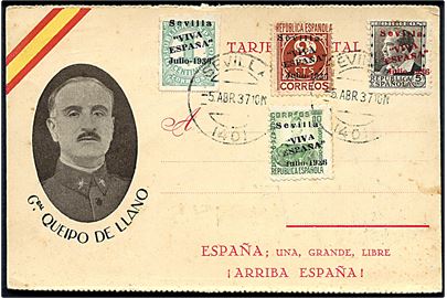 Uadresseret propagandakort med fire forskellige Viva Espana Sevilla lokal udg. stemplet Sevilla d. 5.4.1937.