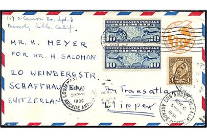 6 cents luftpost helsagskuvert opfrankeret med 4 cents Taft og 10 cents Luftpost i parstykke fra Los Angeles d. 6.11.1939 til Schaffhausen, Schweiz. Påskrevet: By Transatlantic Clipper.