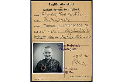 Legitimationskort for Sikkerhedsomraadet i Jylland med foto udstedt i Tønder d. 11.6.1941.
