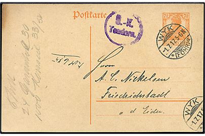 7½ pfg. Germania helsagsbrevkort fra Wuk på Föhr d. 1.7.1917 til Friedrichstadt. Violet censur Ü.-K. Tondern.