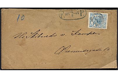 2 sk. Krone/Scepter på forpostbrev i København annulleret med svagt nr.stempel 1 og sidestemplet F:P: d. 4.8.1867. Bagklap mgl.