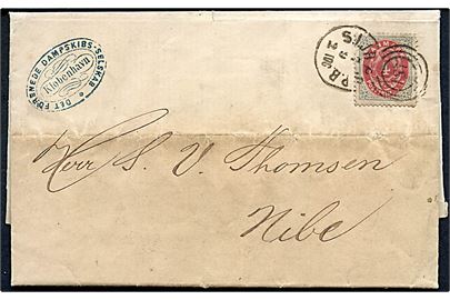 4 sk. Tofarvet på brev fra Det Forenede Dampskibs-Selskab i Kjøbenhavn annulleret med kombineret nr.stempel 181/SJ.JB.P.SP.B. d. 7.9.1872 via Aalborg til Nibe. Skjold og fold.