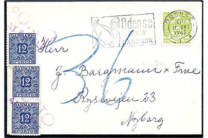 12 øre Bølgelinie single på underfrankeret brev fra Odense d. 17.10.1962 til Nyborg. Udtakseret i porto med 12 øre Portomærke (3) stemplet Porto at betale.