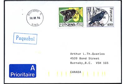3,50 kr. Sommerfugl og 4 kr. Ravn på skibsbrev annulleret med norsk stempel i Eidfjord d. 30.8.1996 og sidestemplet Paquebot til Burnaby, Canada.