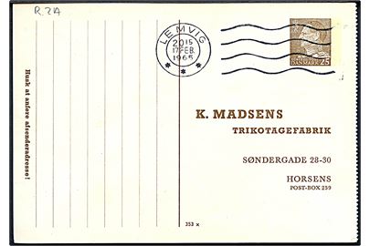 K. Madsens Trikotagefabrik 25 øre Fr. IX helsagsbrevkort (fabr. 353x) fra Lemvig d. 17.2.1965 til Horsens. 