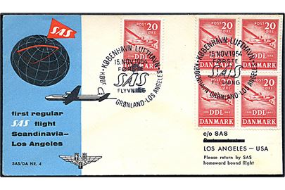 20 øre DDL i single og fireblok på illustreret SAS 1.-flyvningskuvert stemplet København Lufthavn / København - Grønland - Los Angeles d. 15.11.1954 til Los Angeles, USA.