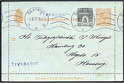 7 øre Chr. X + 3 øre Bølgelinie provisorisk helsagskorrespondancekort (fabr. 28-H) sendt som tryksag fra Silkeborg d. 3.6.1921 til Hamburg, Tyskland.