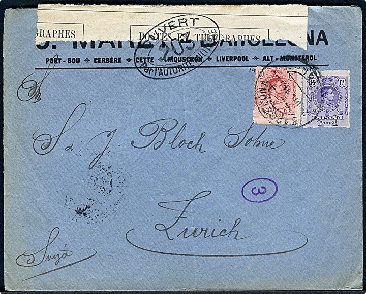 10 cts. og 15 cts. Alfonso på brev fra Barcelona d. 2.12.1915 til Zürich, Schweiz. Åbnet af fransk censur no. 203.