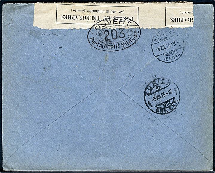 10 cts. og 15 cts. Alfonso på brev fra Barcelona d. 2.12.1915 til Zürich, Schweiz. Åbnet af fransk censur no. 203.