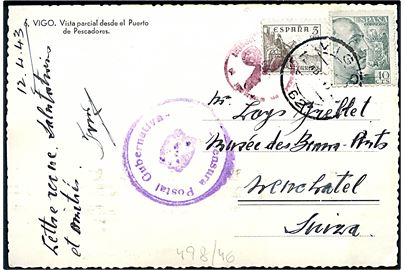 5 cts. Rytter og 40 cts. Franco på brevkort fra Vigo d. 12.4.1943 til Schweiz. Lokal spansk censur og tysk censur fra Paris.