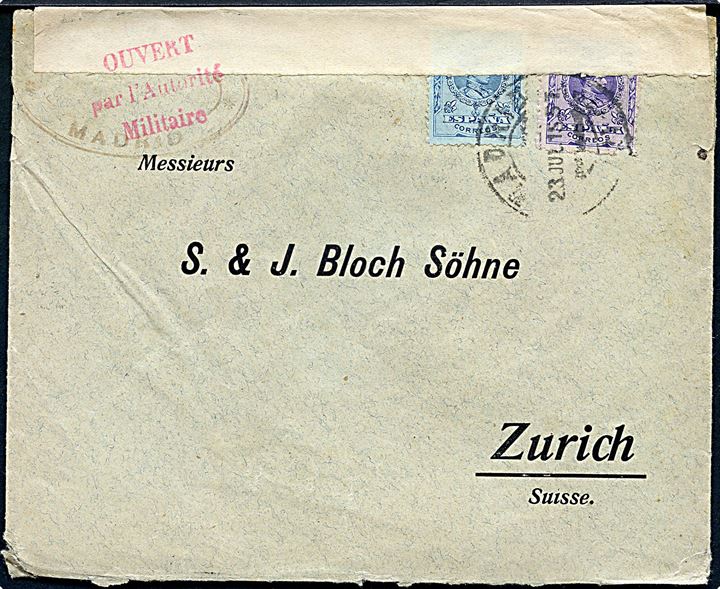 15 cts. og 25 cts. Alfonso på brev fra Madrid d. 23.7.1915 til Zürich, Schweiz. Åbnet af fransk censur.
