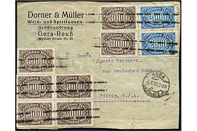 2000 mk. (3) og 3000 mk. (23) Infla udg. på for- og bagside af brev fra Gera d. 5.9.1923 til Pölzig.