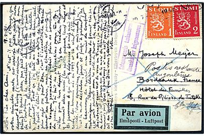 1 mk. og 2 mk. Løve på luftpostbrevkort fra Helsingfors d. 17.2.1940 til Frankrig. Finsk censur.