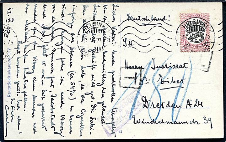 1 mk. Løve single på underfrankeret brevkort fra Helsinki d. 12.6.1922 til Dresden, Tyskland. Udtakseret i 180 pfg. tysk porto. 