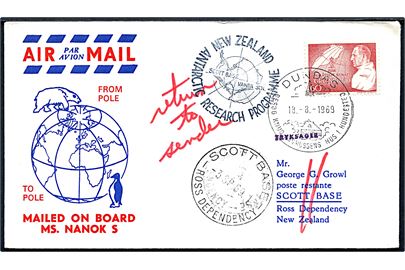 60 øre Fr. IX 70 år på illustreret luftpostbrev fra pol til pol stemplet Dundas d. 18.8.1969 til Scott Base Ross Dependency, Antarktis. 