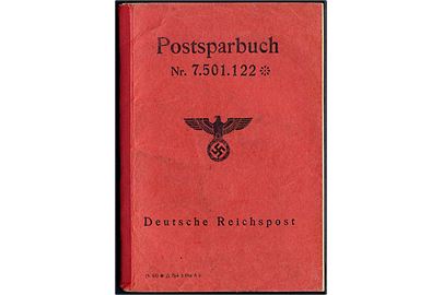 Postsparbuch udstedt i Ludwigsburg 1942 med flere stempler og indløst i 1945. Medfølger Ausweiskarte til bog no. 7.501.122.