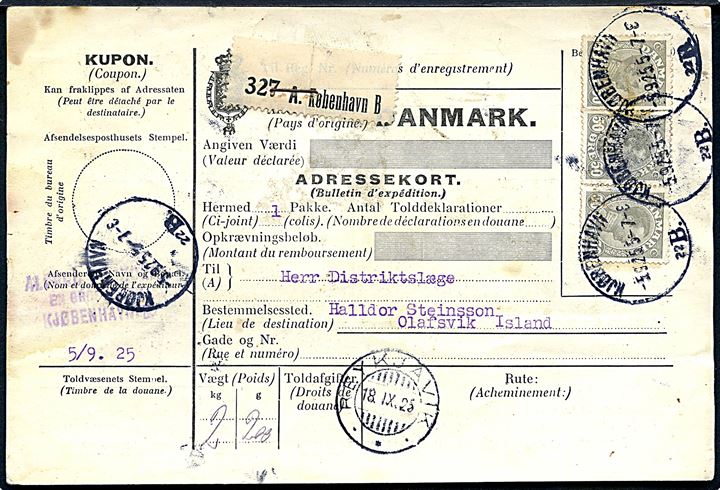 50 øre Chr. X i 3-stribe på internationalt adressekort for pakke fra Kjøbenhavn B. d. 5.9.1925 via Reykjavik d. 18.9.1925 til Olafsvik, Island. 