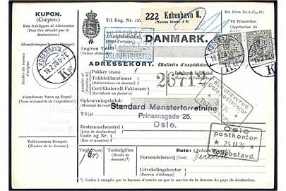 50 øre Chr. X med perfin MH i parstykke på internationalt adressekort for pakke fra firma Marius Hartz A/S i Kjøbenhavn d. 18.2.1926 til Oslo, Norge. Selvregistreret pakke-etiket.