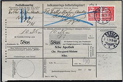 15 øre Karavel i parstykke på retur Indkasserings-Indbetalingskort fra Nibe d. 2.1.1934 til Vægger. Ank.stemplet med sent anvendt brotype Ia Vægger d. 3.1.1934.
