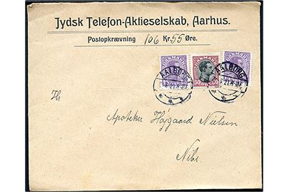 15 øre (2) og 50 øre (rift) Chr. X på brev med postopkrævning fra Jydsk Telefon-Aktieselskab i Aalborg d. 2.6.1921 til Nibe.