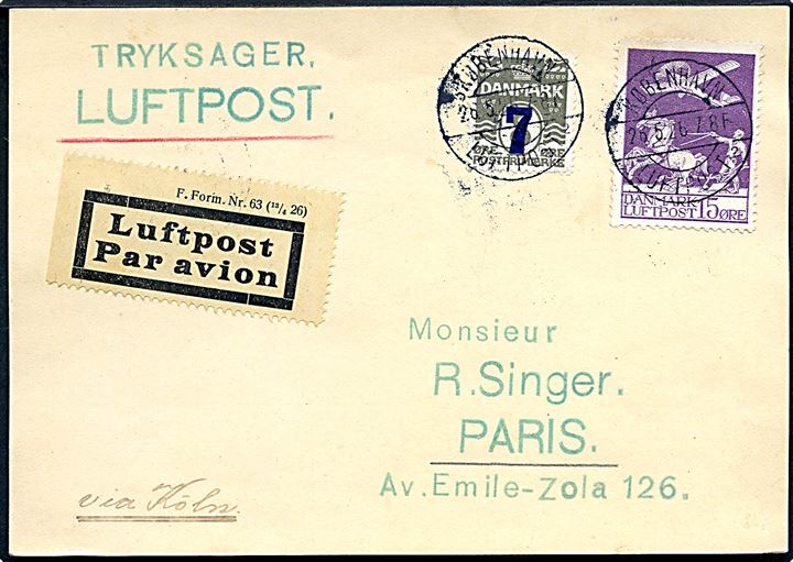 7/8 øre Provisorium og 15 øre Luftpost på filatelistisk luftpost tryksag stemplet København Luftpost sn2 d. 26.5.1926 til Paris, Frankrig. Påskrevet via Köln.