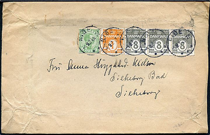 1 øre og 8 øre (3) Bølgelinie, samt 5 øre Chr. X helsagsafklip, på brev fra Nibe d. 4.9.1922 til Silkeborg Bad.