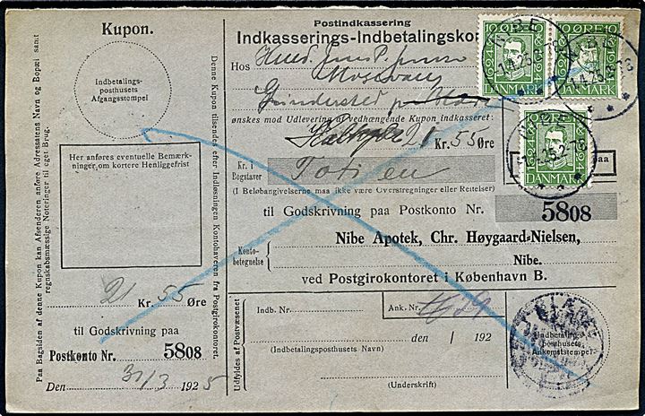 10 øre Chr. X (2) og 10 øre Chr. IV Postjubilæum på retur Indkasserings-Indbetalingskort fra Nibe d. 1.4.1925 til Blære.
