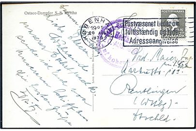 20 øre H. C. Andersen på brevkort (Ostsee-Dampfer S/S Herta) annulleret København d. 20.8.1936 og sidestemplet Salon-Schnell-Dampfer Herta Auf hoher See d. 20.8.1936 til Tyskland.