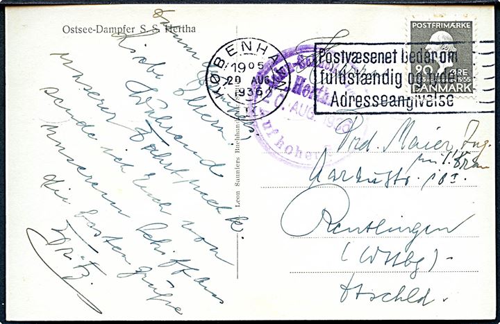 20 øre H. C. Andersen på brevkort (Ostsee-Dampfer S/S Herta) annulleret København d. 20.8.1936 og sidestemplet Salon-Schnell-Dampfer Herta Auf hoher See d. 20.8.1936 til Tyskland.