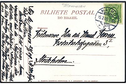 5 öre Oscar II på brevkort (Rio de Janeiro) dateret H.M. Fylgia i Rio de Janeiro d. 24.1.1909 og annulleret Malmö d. 15.2.1909 til Stockholm. Sendt i lukket marinesæk fra panserkrydseren Fylgia under togt til Sydamerika og Vestindien 1908-09.