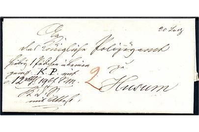 1840. Pakkefølgebrev for tjenestepakke på 20 Lod med indhold dateret i Tønder d. 1.2.1840 til Husum.