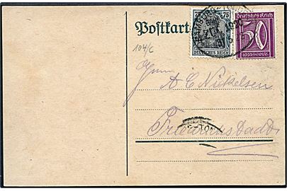 50 pfg. Ciffer og 75 pfg. Germania på Infla brevkort annulleret med bureaustempel Hamburg - Tondern Bahnpost Zug 1920 d. 31.5.1922 til Friedrichstadt.