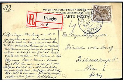 25 øre Chr. X single på anbefalet brevkort annulleret med bureaustempel Kjøbenhavn - Helsingør T.320 d. 20.3.1919(?) og påsat rec.-etiket i Lyngby til Wien, Østrig.