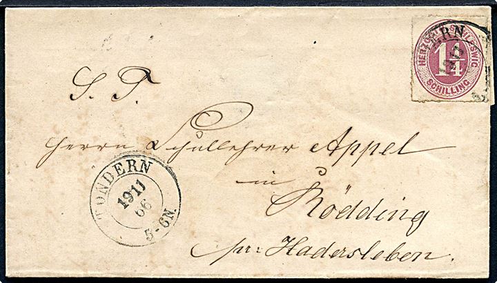 Herzogth. Schleswig 1 1/4 Sch. stukken kant på brev stemplet Tondern d. 19.11.1866 via Flensburg og Gram til Rødding pr. Hadersleben.