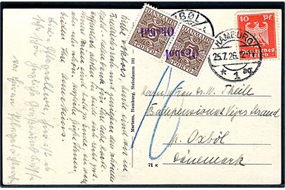Tysk 10 pfg. Adler på underfrankeret brevkort fra Hamburg d. 25.7.1926 til Oksbøl, Danmark. Udtakseret i porto med 5 øre Portomærke i parstykke annulleret med violet liniestempel Oksbøl.