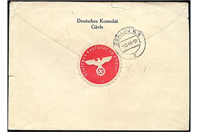 5 öre Montelius (2) og 20 öre Gustaf (2) på anbefalet brev fra Deutsches Konsulat Gävle  d. 25.4.1944 til Udenrigsministeriet i Berlin, Tyskland. Passér stemplet Ab ved den tyske censur i Berlin.