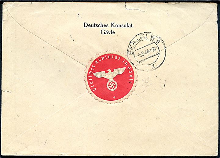 5 öre Montelius (2) og 20 öre Gustaf (2) på anbefalet brev fra Deutsches Konsulat Gävle  d. 25.4.1944 til Udenrigsministeriet i Berlin, Tyskland. Passér stemplet Ab ved den tyske censur i Berlin.