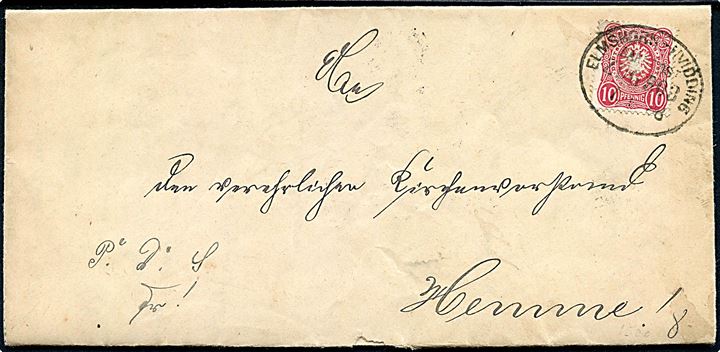 10 pfg. på tjenestebrev annulleret med bureaustempel Elmshorn - Hvidding Bahnpost Zug 308 d. 8.1.1888 til Hemme.