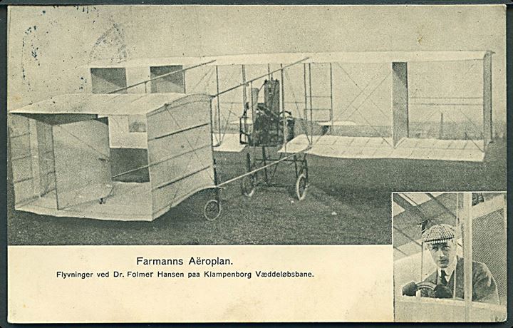 Folmer Hansen og Henri Farman biplan ved flyvningen på Klampenborg Vædeløbsbane 1909. Stenders u/no.