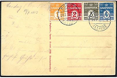 1 øre, 2 øre, 3 øre og 4 øre Bølgelinie på firefarve frankeret brevkort fra Sandvig annulleret med bureaustempel Rønne - Allinge T.28 d. 20.7.1913 til Tyskland. Modtager adresse meget svag.